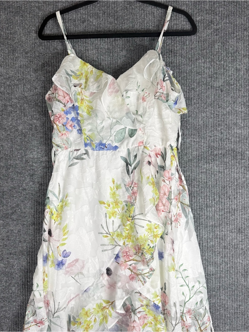 Julia Jordan Floral Hi-Low Maxi Dress Asymmetrical Cold Shoulder Size 6 Ruffled - Picture 4 of 6